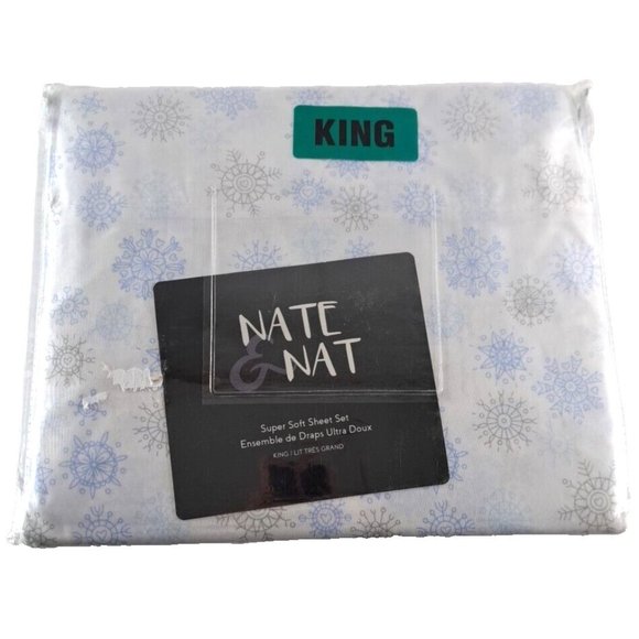 Nate & Nat King Bedsheets Gray Blue Snowflakes 4 PC Super Soft Winter Cozy - Picture 1 of 5